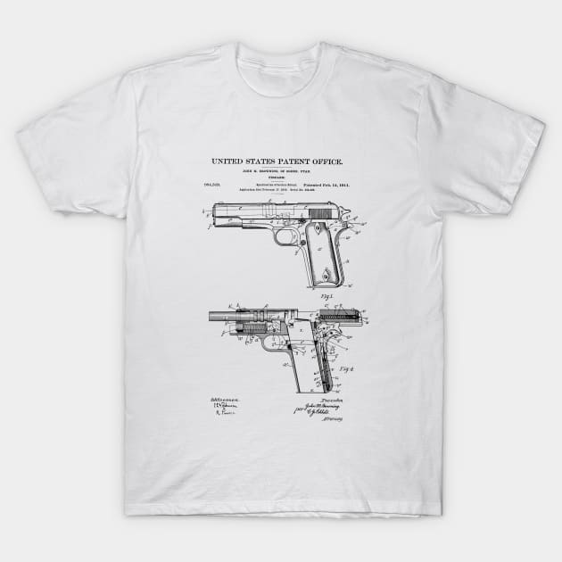 Firearm Colt 1911 Patent Black T-Shirt by Luve